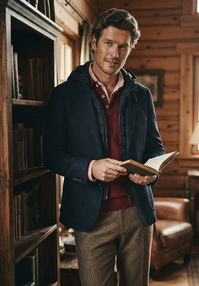 Mann in dunkelblauem Sakko mit rotem Strickpullover und Hemd in Holzhaus