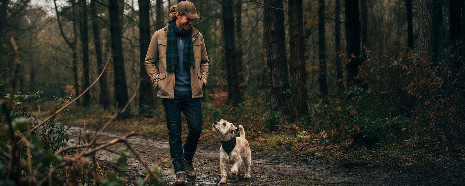 Beige Outdoor-Jacke mit Jeans, Schal und Cap – lässiger Freizeit-Look beim Spaziergang mit Hund im Wald.