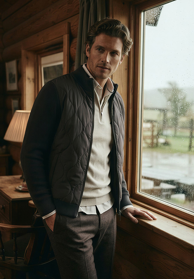 Dunkle Steppweste über beigem Strickpullover und Hemd, kombiniert mit Stoffhose – lässiger Layering-Look.