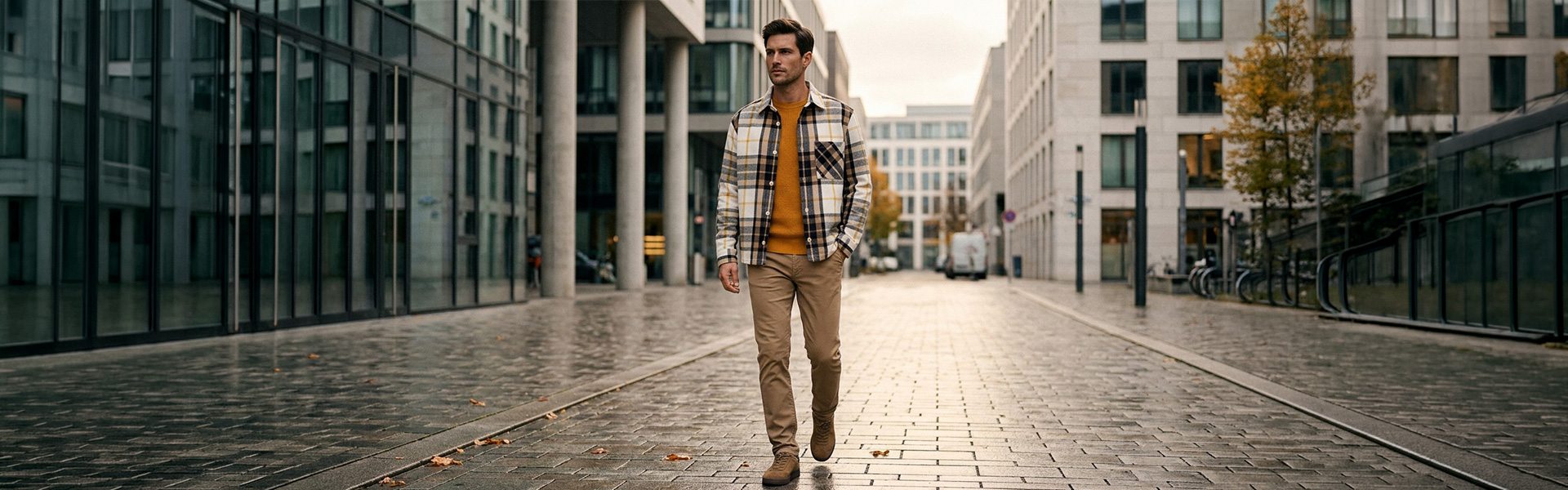Mann in kariertem Hemdjacke und beigem Pullover, lässig auf Straße