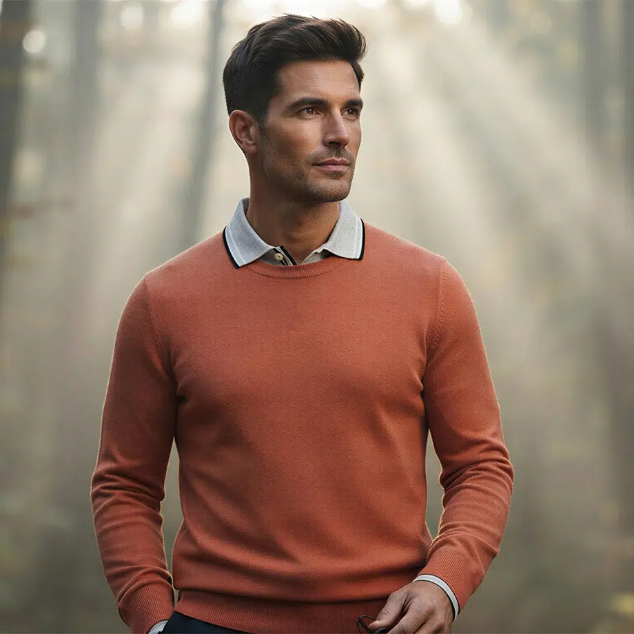 Hellbrauner Strickpullover aus Baumwolle, kombiniert mit grauem Poloshirt, draußen getragen