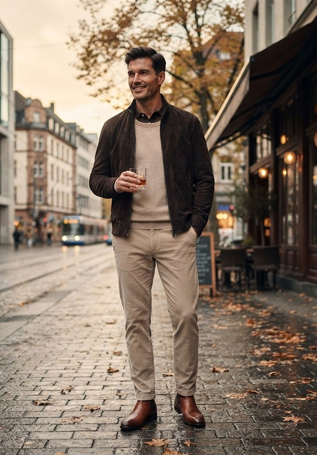 Mann in brauner Wildlederjacke mit beigem Pullover und Chinos, Herbstkulisse