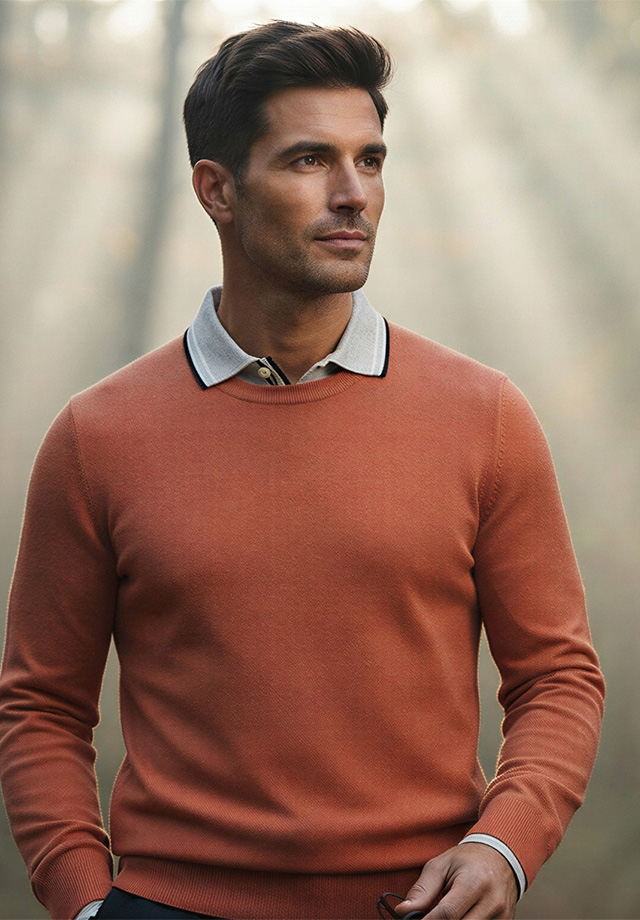 Mann in rostfarbenem Strickpullover mit grauem Hemdkragen, elegant präsentiert im Freien