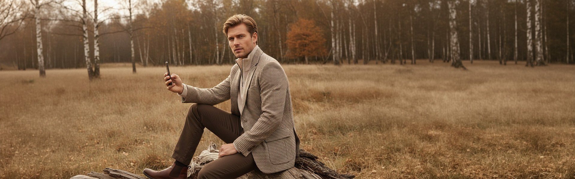 Mann in braunem Sakko mit Hahnentrittmuster und Strickpullover im Herbstwald