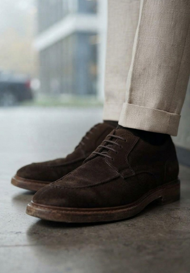 Braune Derby-Schuhe aus Wildleder, getragen mit beigefarbener Stoffhose