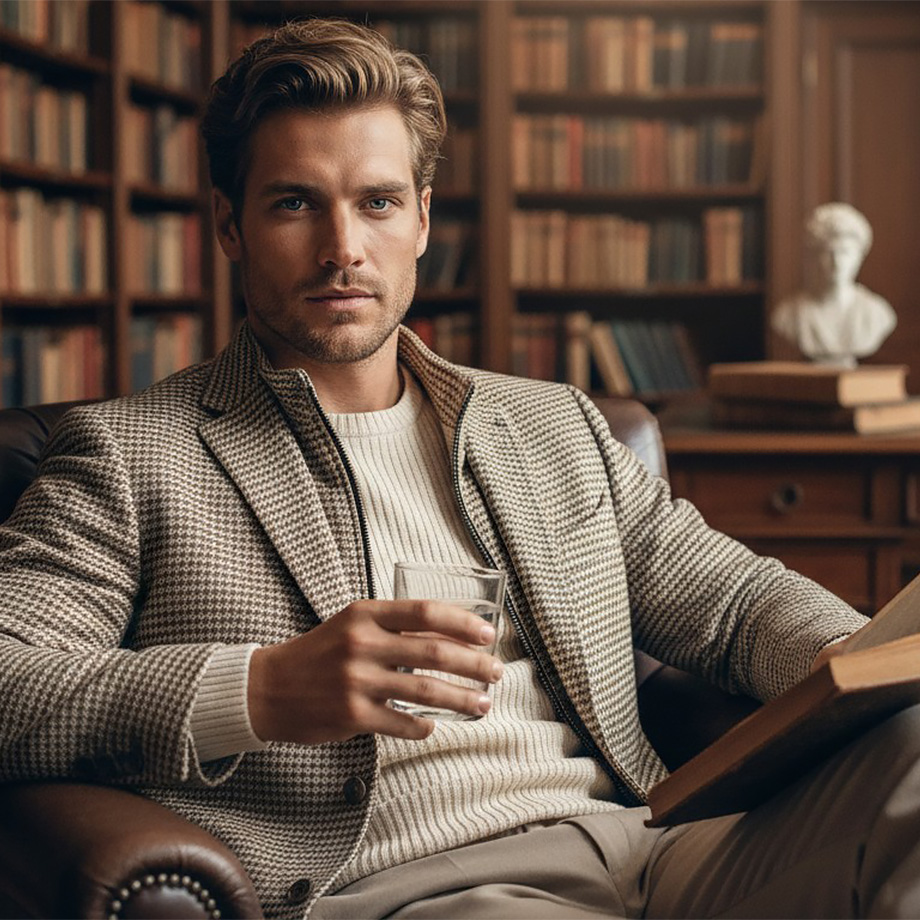 Herren Sakko mit Hahnentrittmuster, beige, kombiniert mit cremefarbenem Strickpullover, getragen in Bibliothek