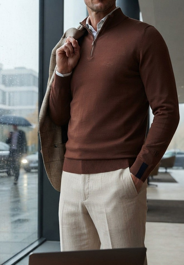 Mann im braunen Strickpullover mit Reißverschluss, kombiniert mit beiger Chinohose