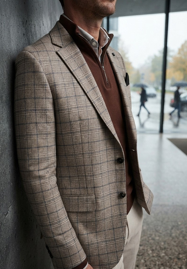 Herren-Sakko kariert in Beige-Braun, aus Wolle, über braunem Pullover getragen