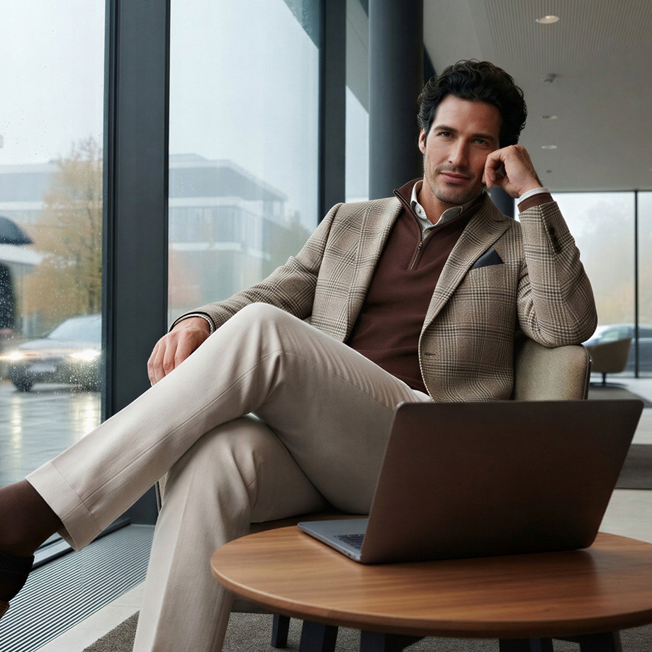 Mann in kariertem Sakko und braunem Pullover, sitzt lässig in modernem Büro mit Laptop.