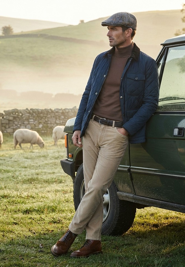 Mann in braunem Rollkragenpullover und blauer Steppjacke, beige Chino-Hose, steht lässig an einem Geländewagen