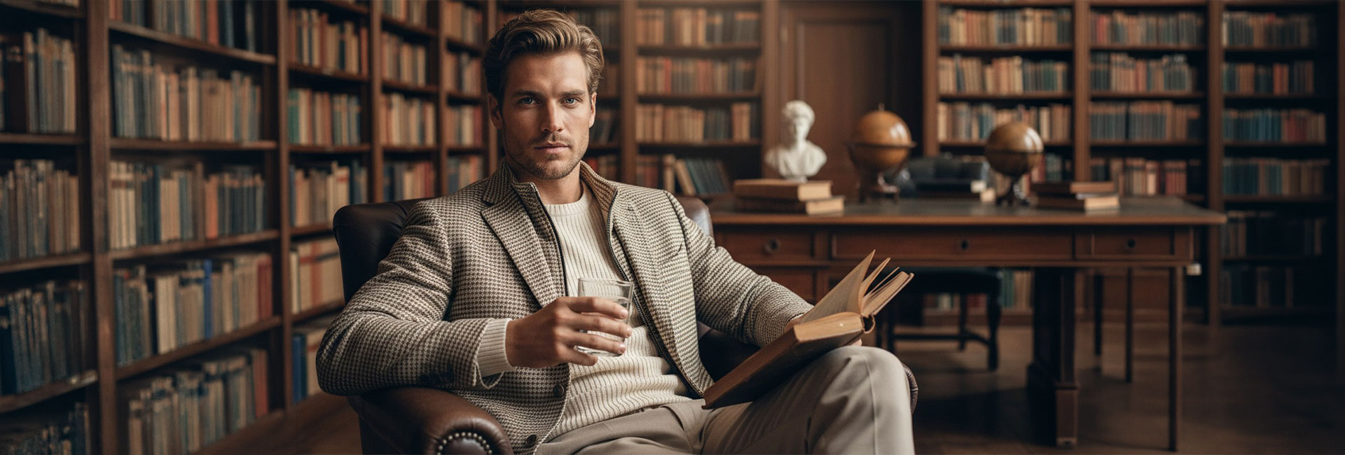 Herren-Sakko mit Hahnentritt-Muster, beige, über Strickpullover in Bibliothek getragen