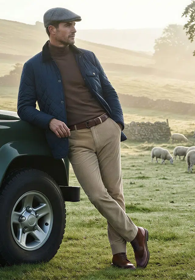 Herren-Outfit mit Steppjacke, braunem Rollkragenpullover, hellbrauner Hose, braunen Schuhen und Schiebermütze in ländlicher Umgebung
