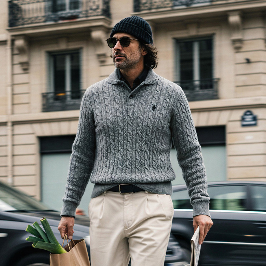 Eleganter Herrenpullover in Grau mit Zopfmuster, Wollmischung, casual getragen