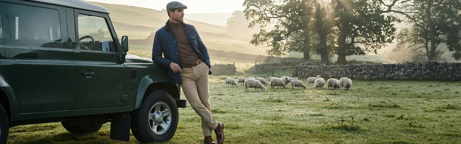 Herr in Steppjacke und Schiebermütze lehnt an Geländewagen, beige Chinos, ländlicher Hintergrund