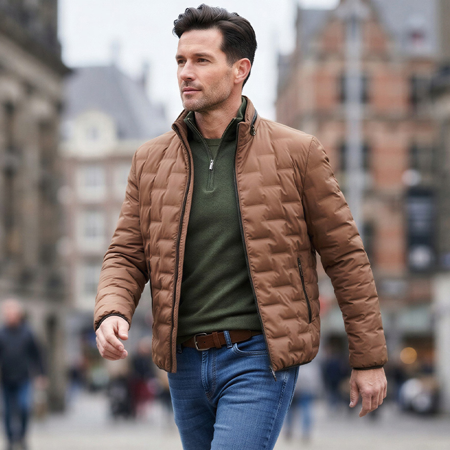 Braune gesteppte Jacke aus Nylon, kombiniert mit grünem Pullover, getragen von Mann im Freien