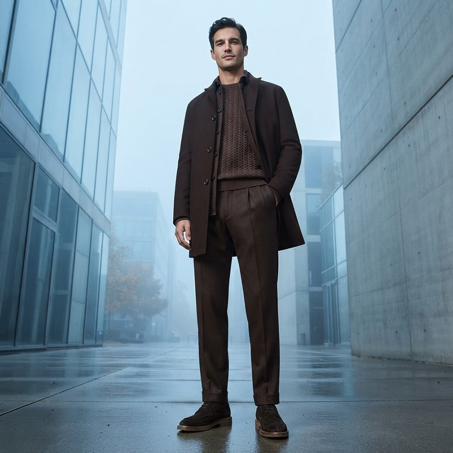 Mann in braunem Wollmantel mit Strickpullover und Business-Hose in urbaner Architektur