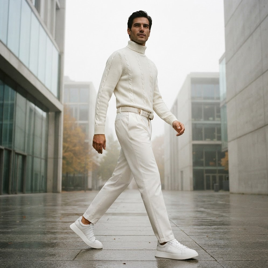 Mann in cremefarbenem Rollkragenpullover mit Zopfmuster und weißer Chino-Hose, Business-Casual-Stil