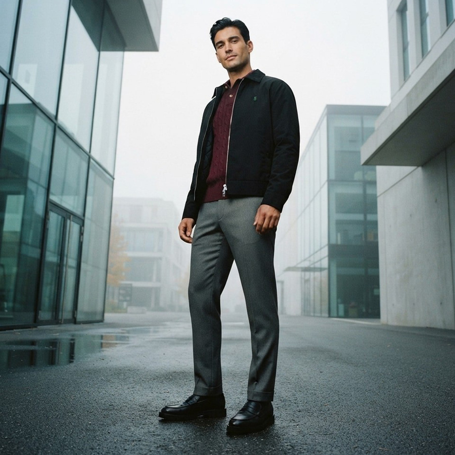 Mann in schwarzer Blouson-Jacke mit burgunderrotem Poloshirt und grauer Business-Hose in urbaner Umgebung