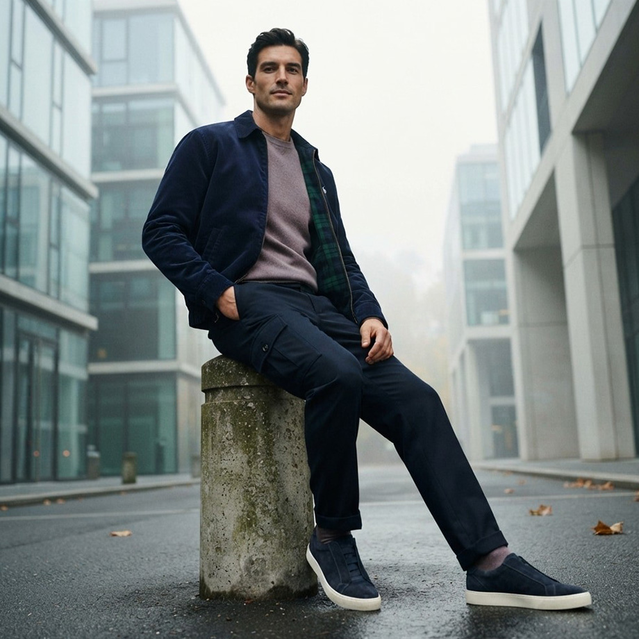 Mann in dunkelblauer Blouson-Jacke mit beigem Pullover und Chino-Hose, Business-Casual-Look