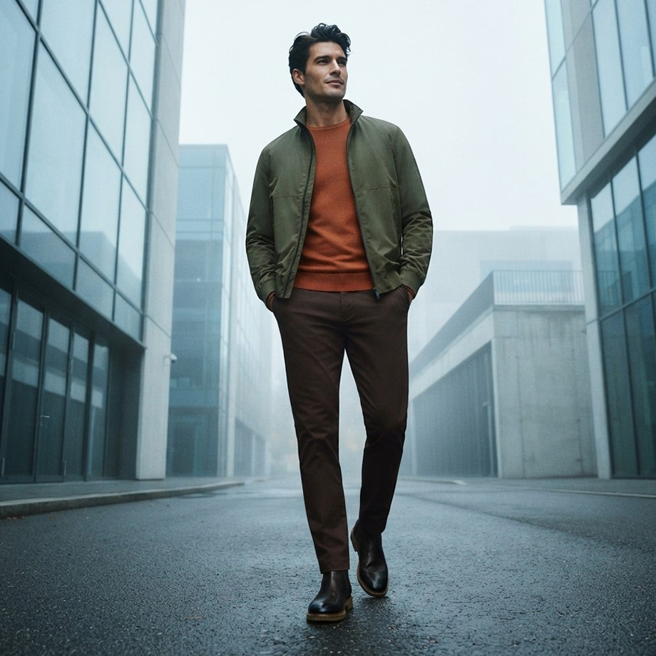 Mann in olivgrüner Jacke mit orangem Pullover und brauner Chino-Hose in urbaner Umgebung