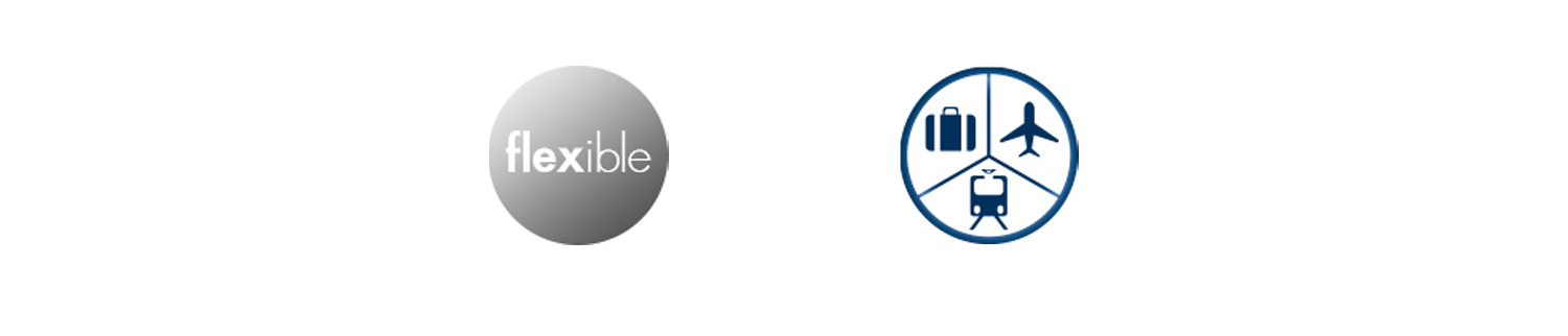 Produkteigenschaft-Icons: flexible Materialien und Reiseeignung für Herrenbekleidung