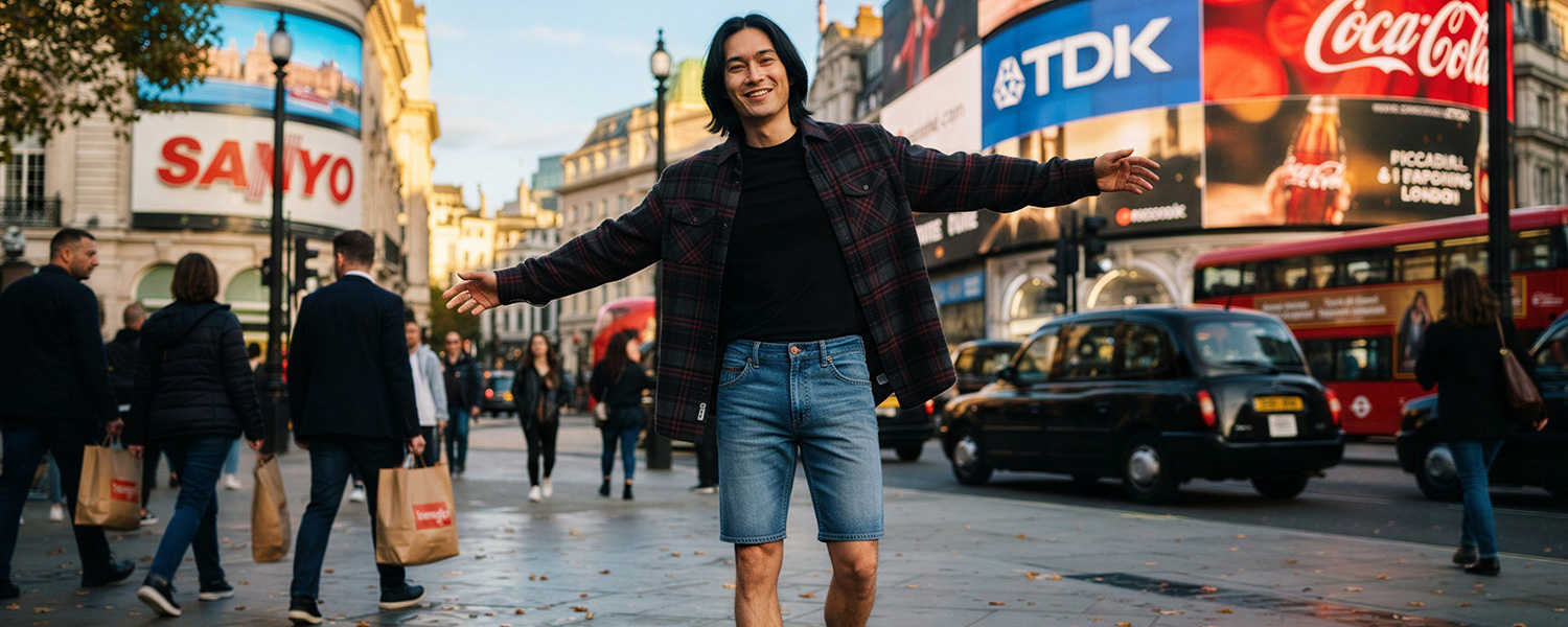 Mann in kariertem Freizeithemd über schwarzem Shirt und Jeans-Shorts in urbaner Umgebung