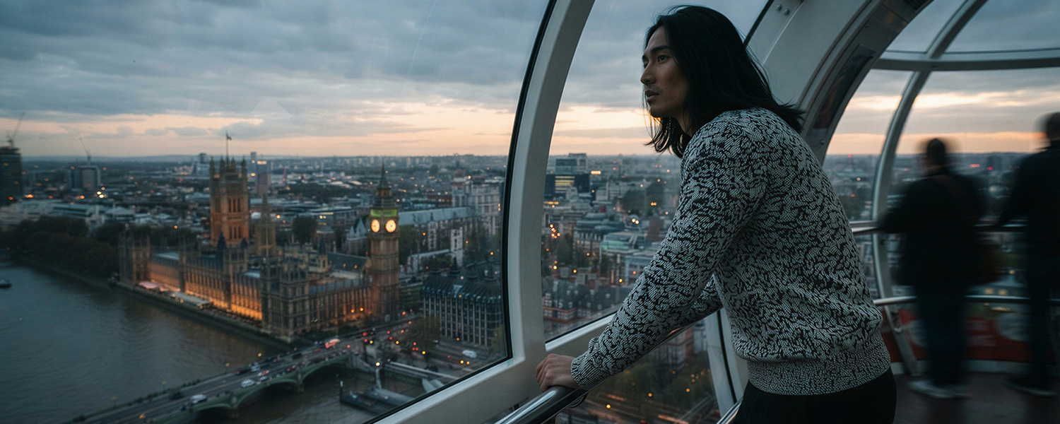 Mann in grau meliertem Strickpullover mit Blick auf Stadtpanorama am Abend