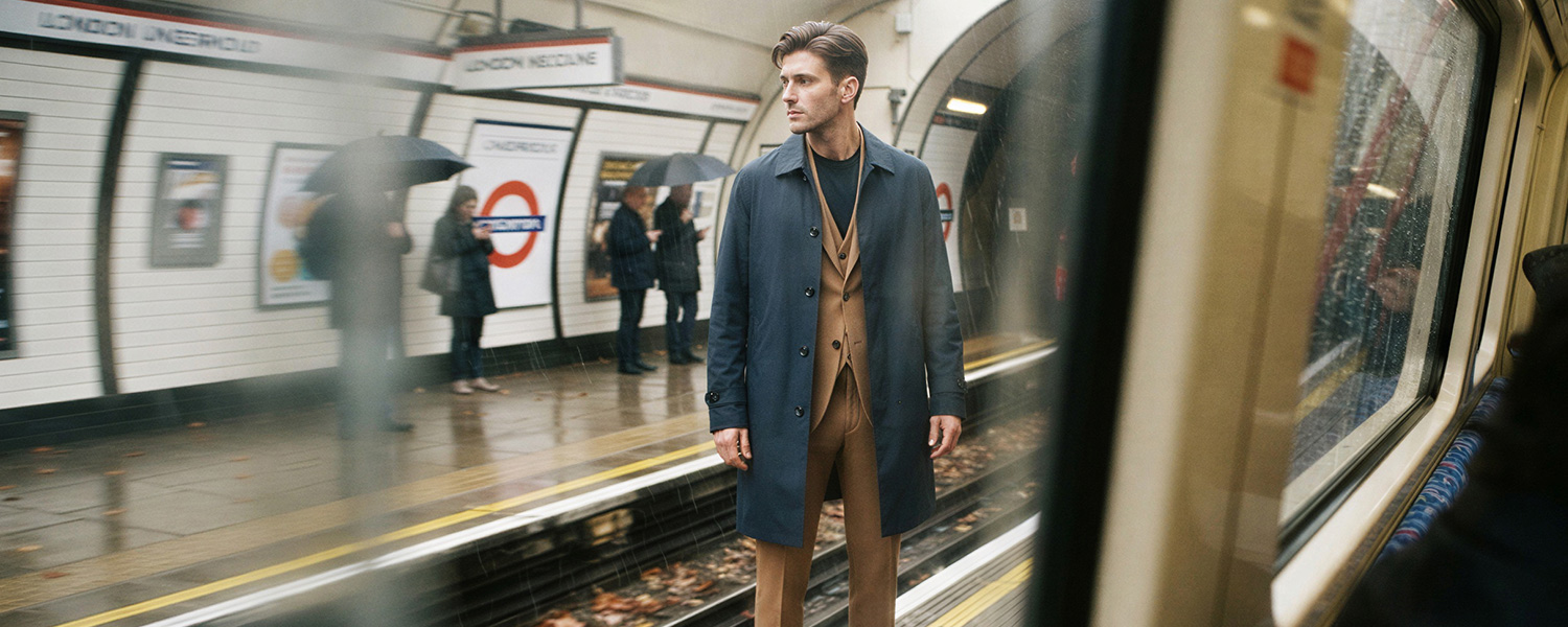 Mann in marineblauem Business-Mantel und beigem Sakko auf U-Bahn-Bahnsteig, Business-Casual-Outfit