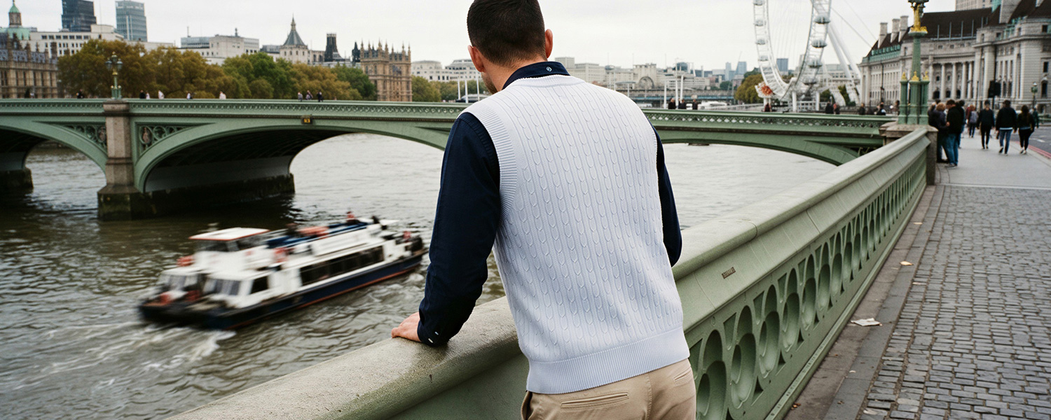 Mann in weißer Strickweste mit Zopfmuster über marineblauem Langarmshirt, Rückenansicht an Flussbrücke