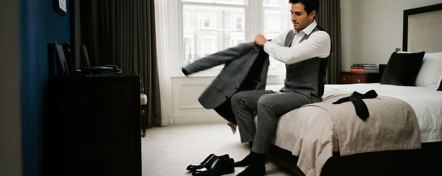 Mann in weißem Business-Hemd mit grauem Anzug und Hosenträgern, klassische Business-Garderobe im Schlafzimmer