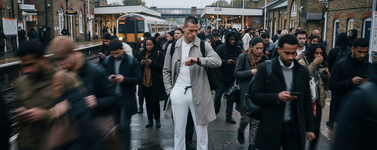 Mann in beigem Business-Trenchcoat und weißer Hose auf Bahnsteig, prüft Uhrzeit