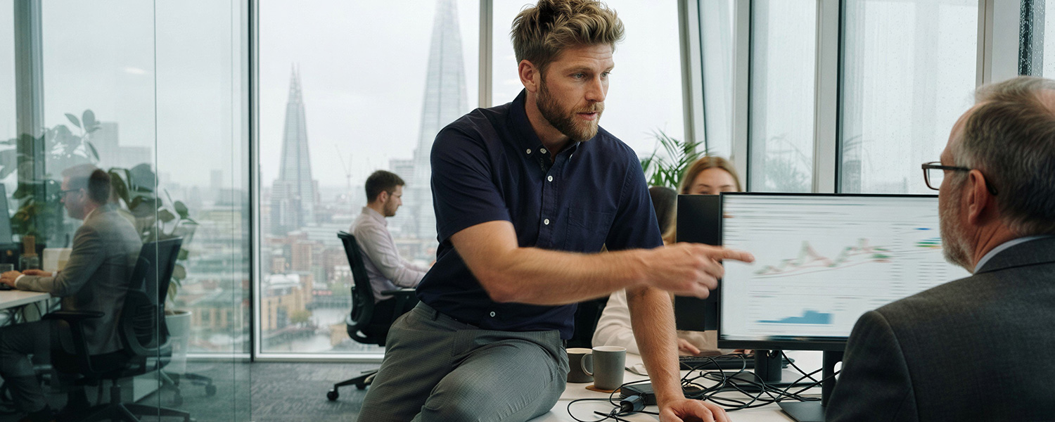 Mann in marineblauen Kurzarmhemd mit Business-Casual-Hose im modernen Büro bei Meeting