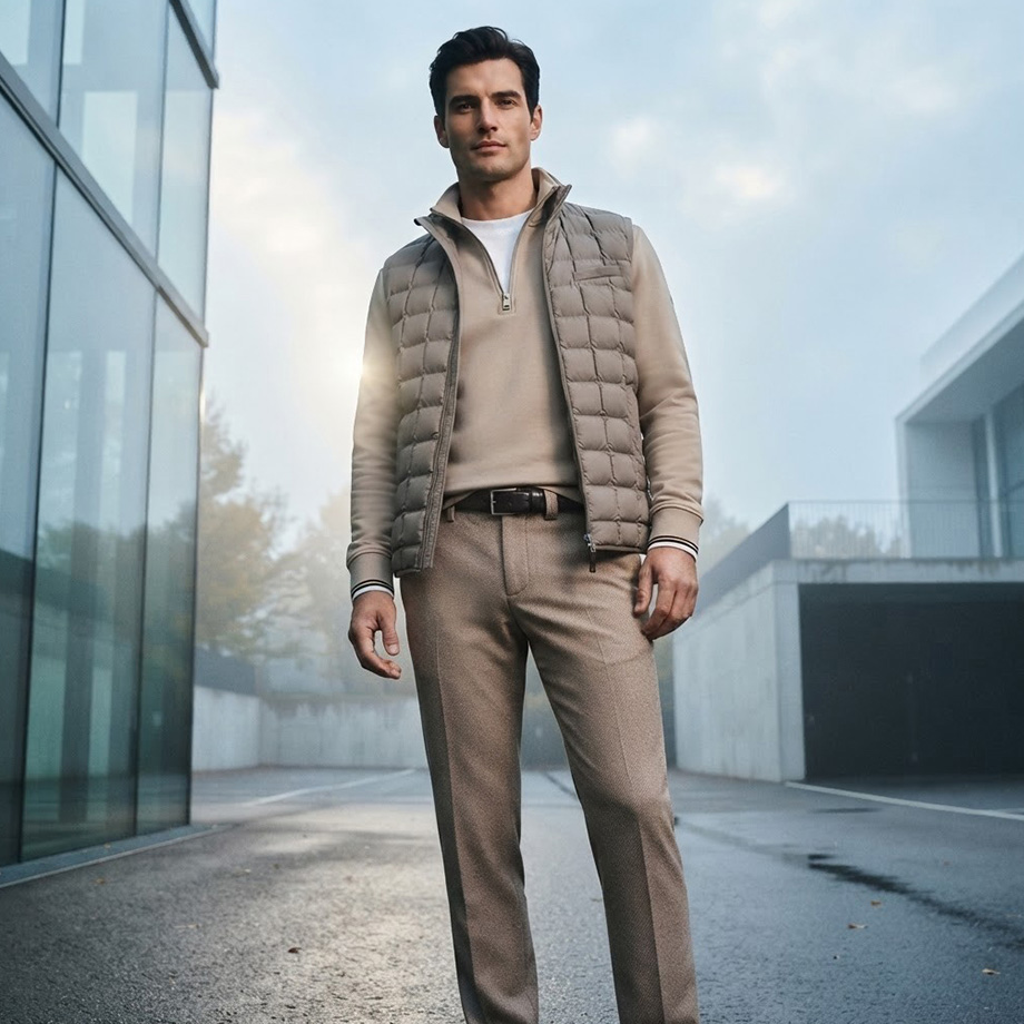 Mann in beiger Steppweste über Troyer-Pullover mit Business-Hose in elegantem Casual-Look