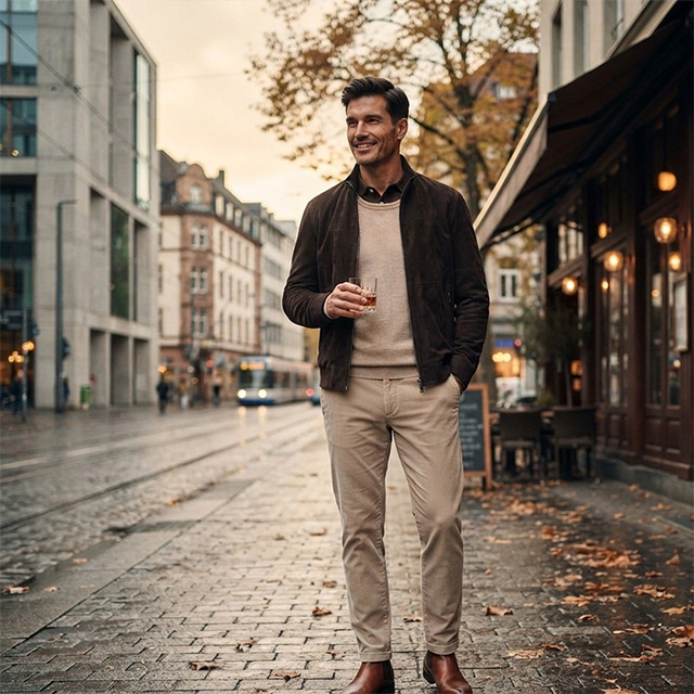 Mann in beigefarbenem Pullover und dunkler Bomberjacke mit Chino-Hose in urbaner Herbstkulisse