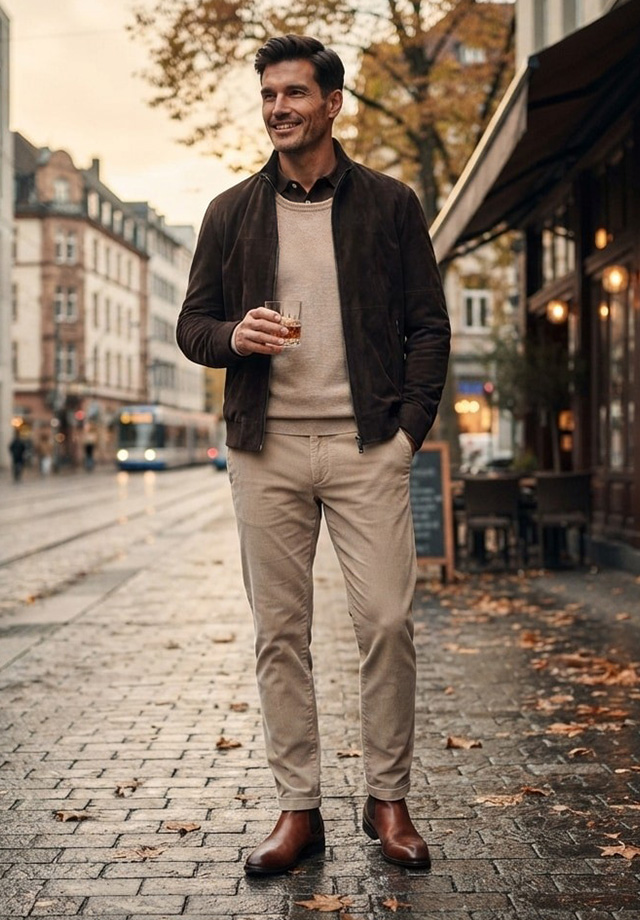 Mann in beigem Strickpullover, brauner Blouson-Jacke und Chino-Hose in Smart-Casual-Kombination
