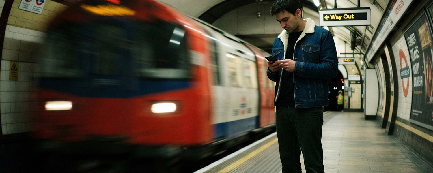 Mann in blauer Jeansjacke mit Lammfellkragen und dunkler Hose auf U-Bahn-Bahnsteig