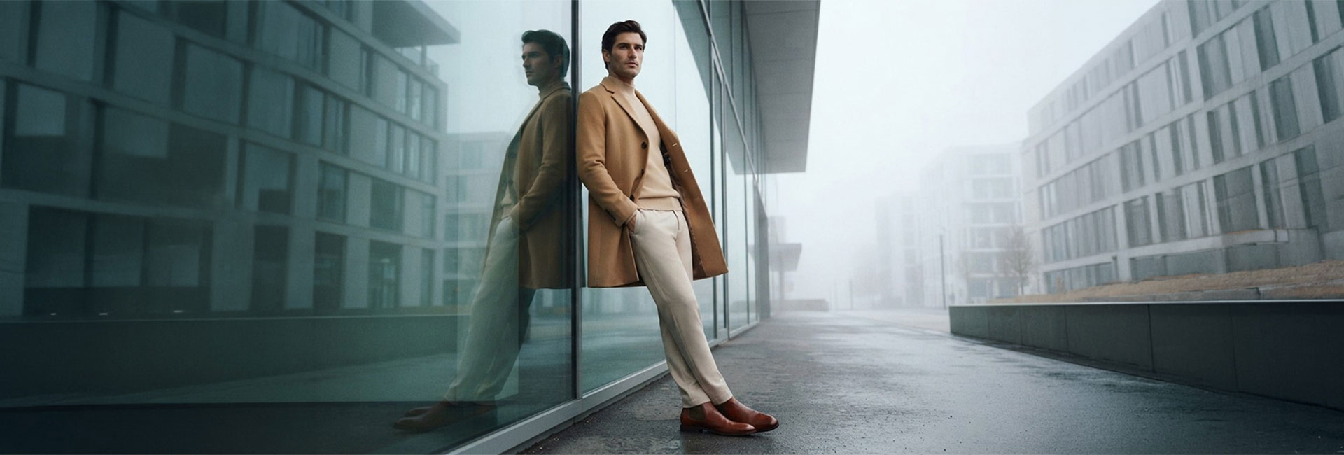 Mann in camelfarbenem Business-Sakko und beiger Stoffhose, elegantes Business-Casual-Outfit vor Bürogebäude
