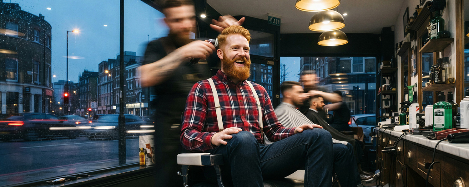 Mann in rot-schwarz kariertem Freizeithemd mit Hosenträgern beim Friseur