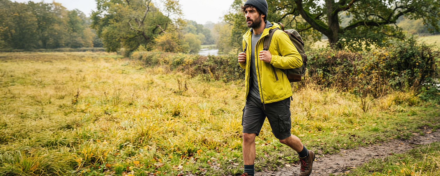 Mann in gelber Outdoorjacke mit Kapuze und schwarzer Cargo-Shorts beim Wandern in der Natur