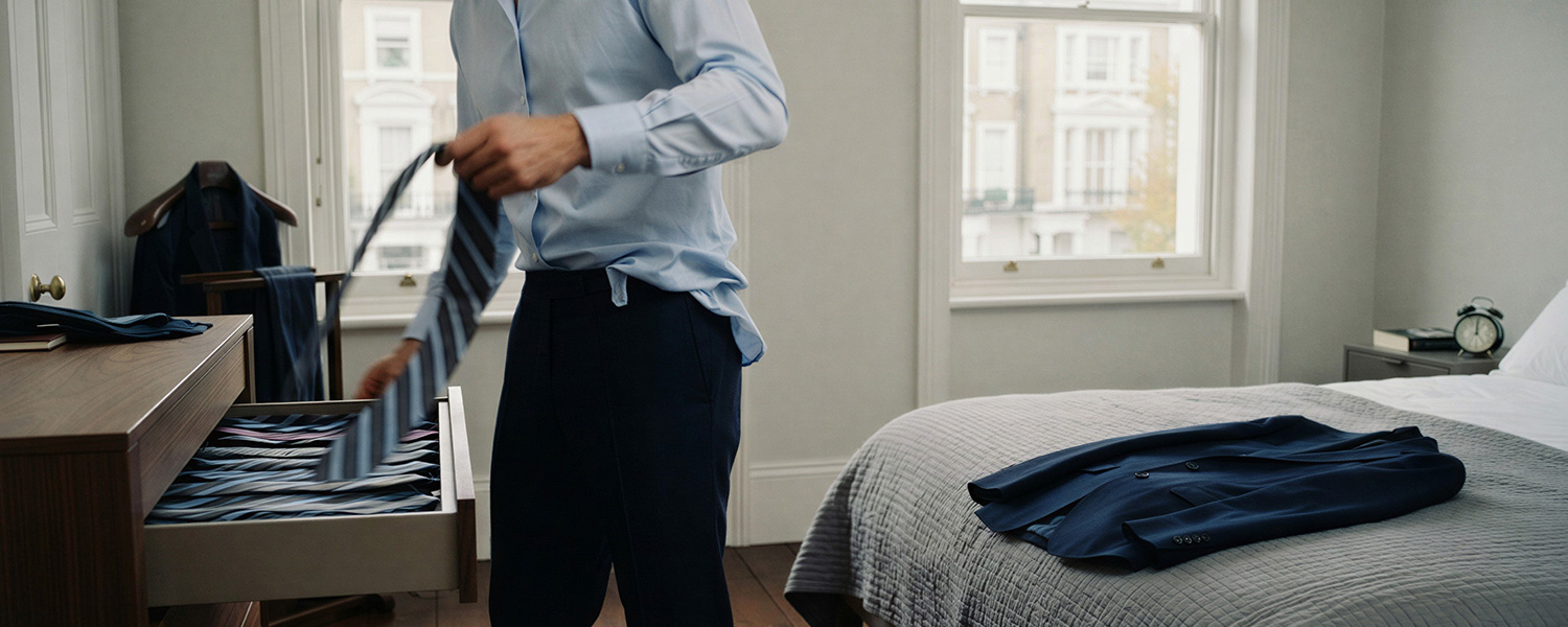 Mann in hellblauem Business-Hemd mit Anzughose beim Ankleiden im Schlafzimmer, Krawatte in der Hand