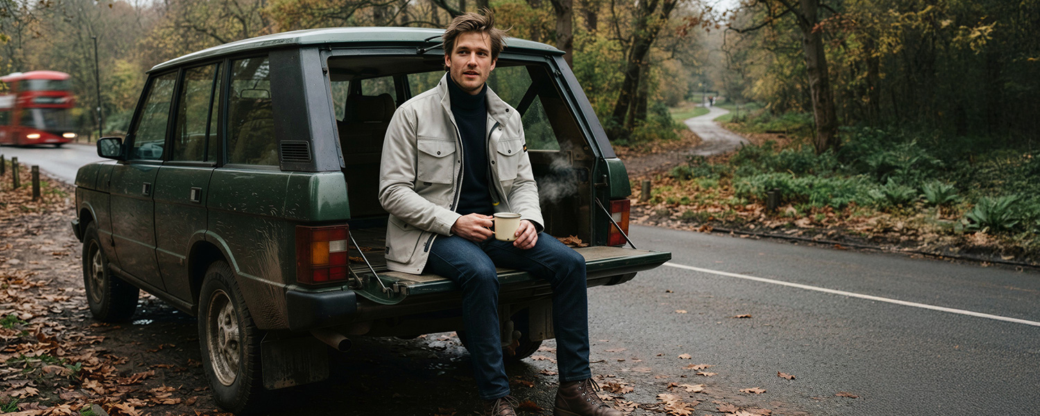 Mann in beiger Fieldjacket über schwarzem Rollkragenpullover und dunkler Jeans, Freizeitoutfit im Herbst