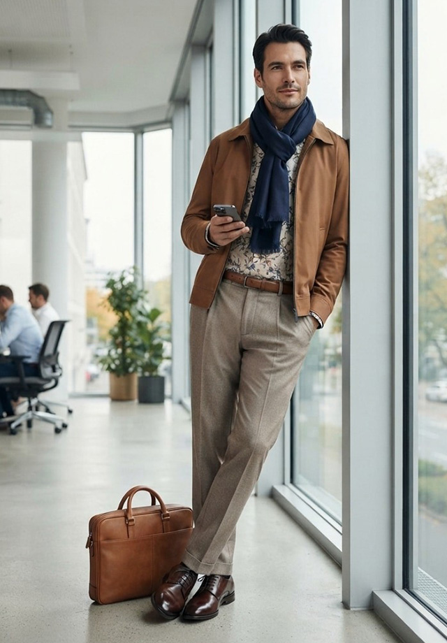 Mann in cognacfarbener Lederjacke mit blauem Schal und beiger Anzughose im Business-Casual-Outfit