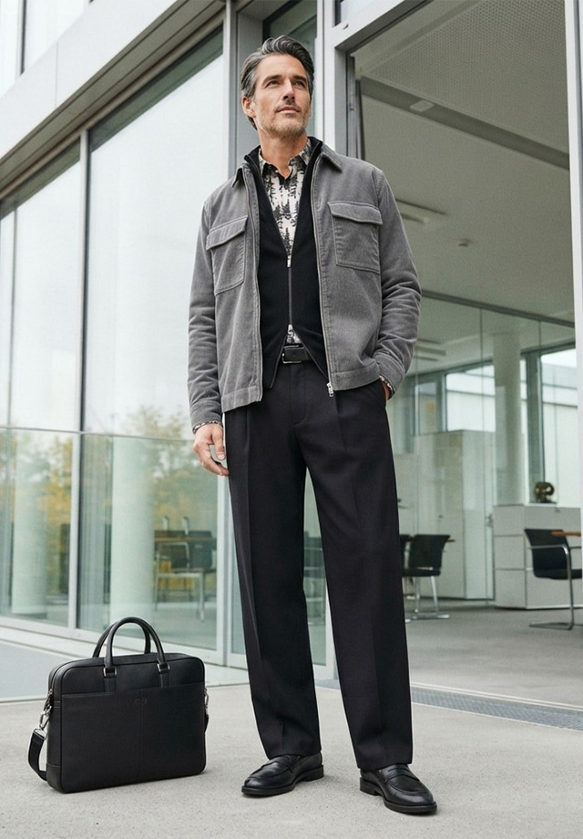 Mann in grauer Freizeitjacke mit schwarzer Hose und gemustertem Hemd, Business-Casual-Outfit