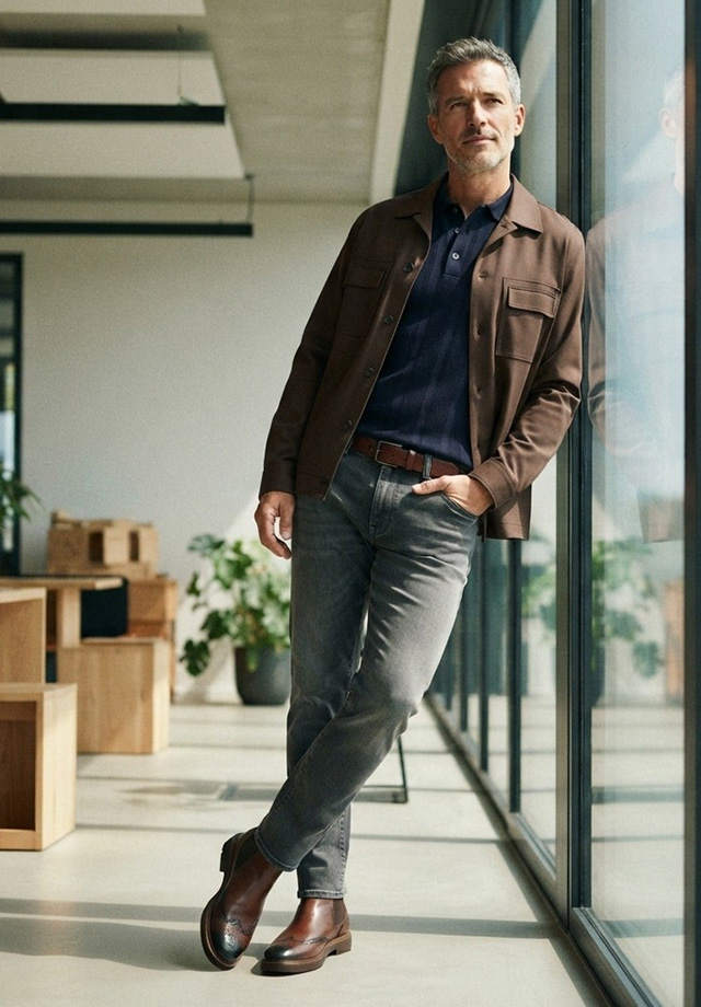 Mann in brauner Lederjacke mit Poloshirt und Jeans, Business-Casual-Outfit für Herren