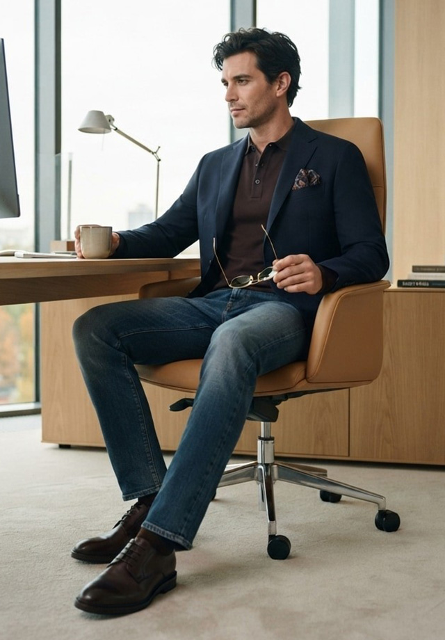 Mann in marineblaues Sakko mit braunem Poloshirt und Jeans im Büro, Business-Casual-Look