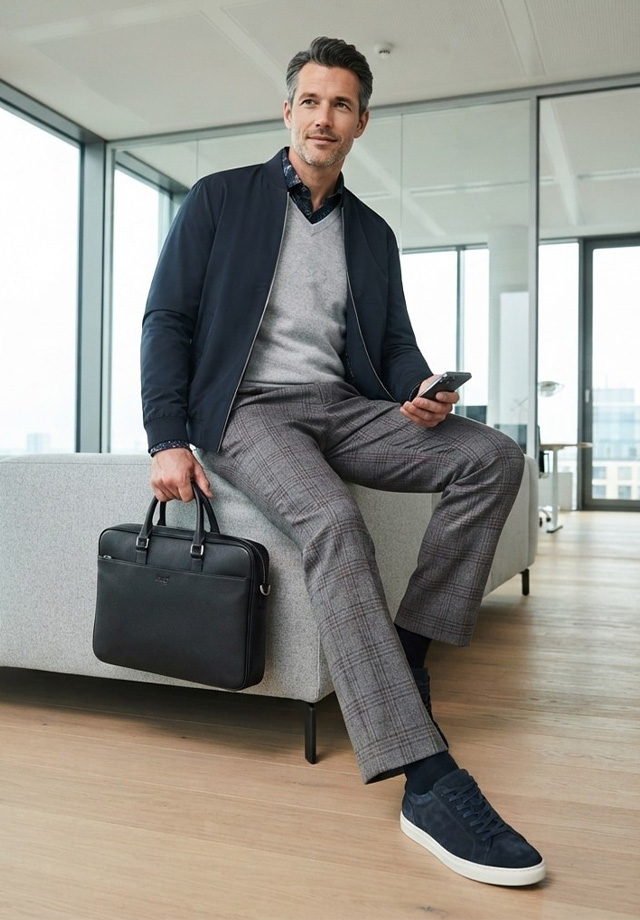 Mann in dunkler Blouson-Jacke, grauem Pullover und karierter Business-Hose im modernen Büro