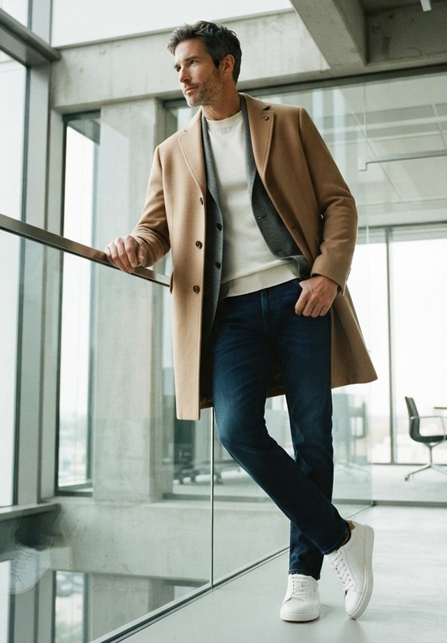 Mann in camelfarbenem Wollmantel mit weißem Pullover und dunkler Jeans im Business-Casual-Look