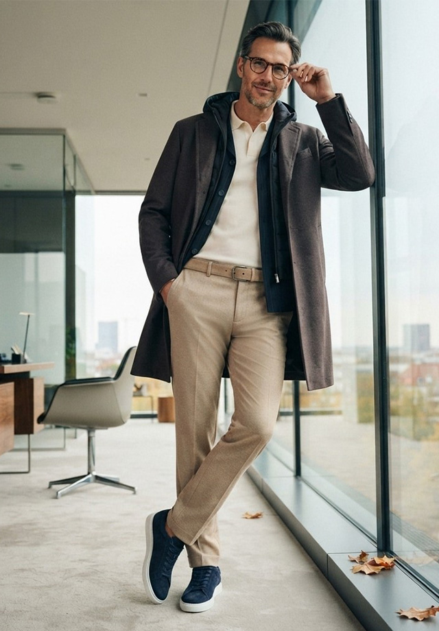 Mann in beigem Business-Hemd mit Chino-Hose und grauem Mantel am Fenster, Smart-Casual-Look