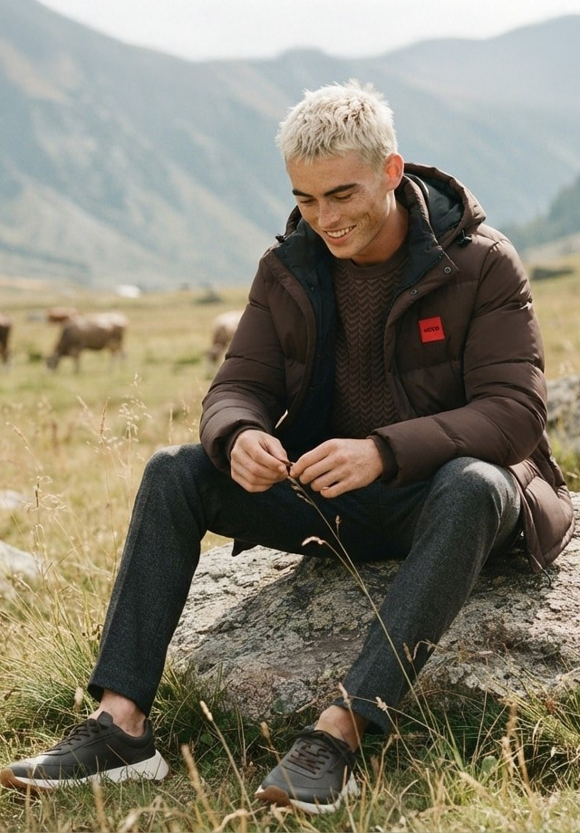 Mann in brauner Steppjacke und grauem Strickpullover, casual getragen im Freien