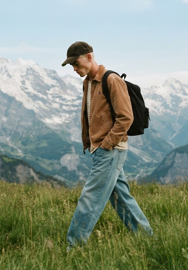 Mann in brauner Jacke und blauer Jeans mit Rucksack in alpiner Landschaft